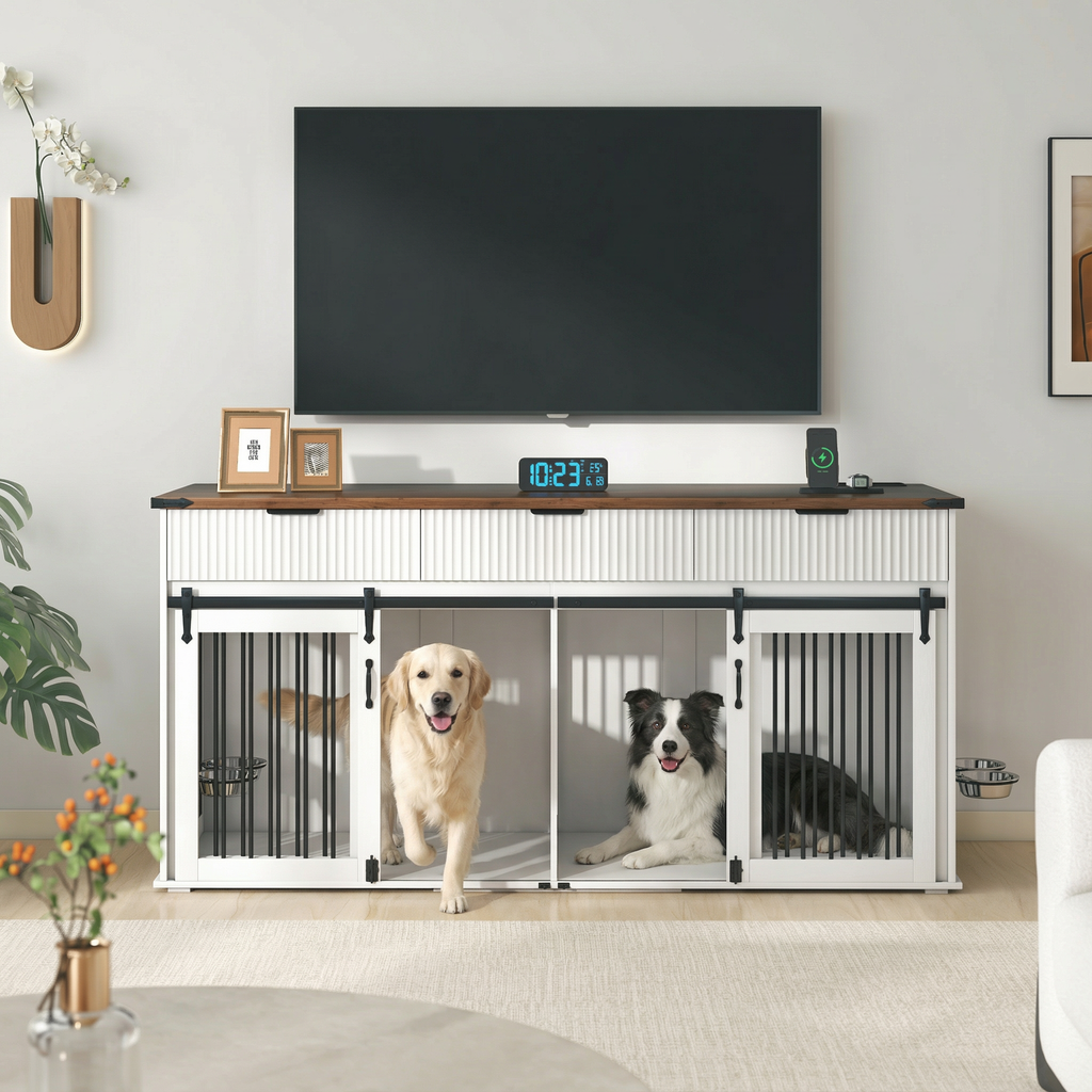 71" Double Dog Crate Furniture with Fluted Drawers – Large Wooden Dog