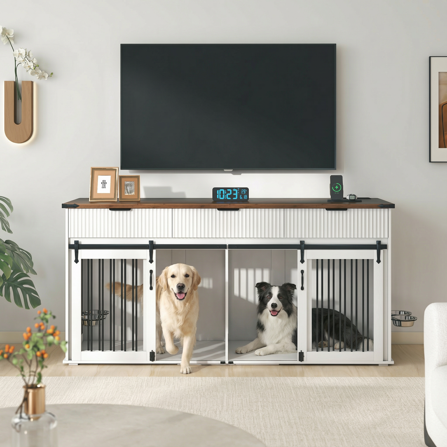71" Double Dog Crate Furniture with Fluted Drawers – Large Wooden Dog