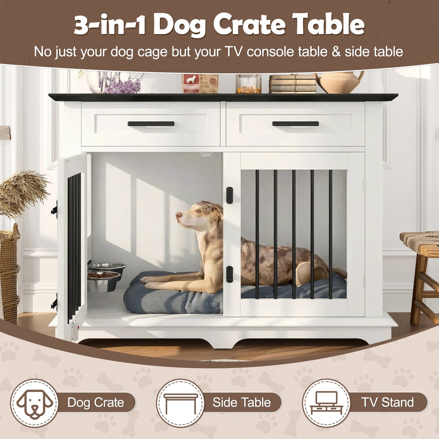 44.48" Wooden Dog Crate Furniture with Storage Drawers and Rotating