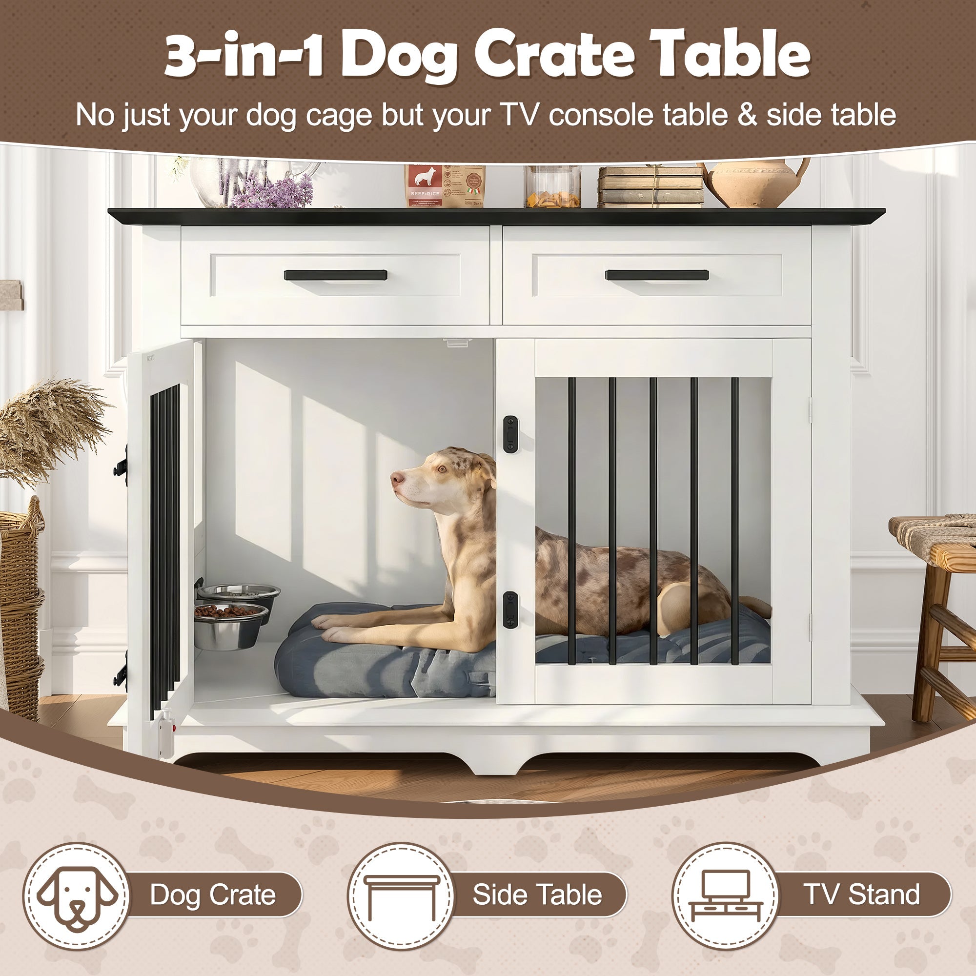44.48" Wooden Dog Crate Furniture with Storage Drawers and Rotating
