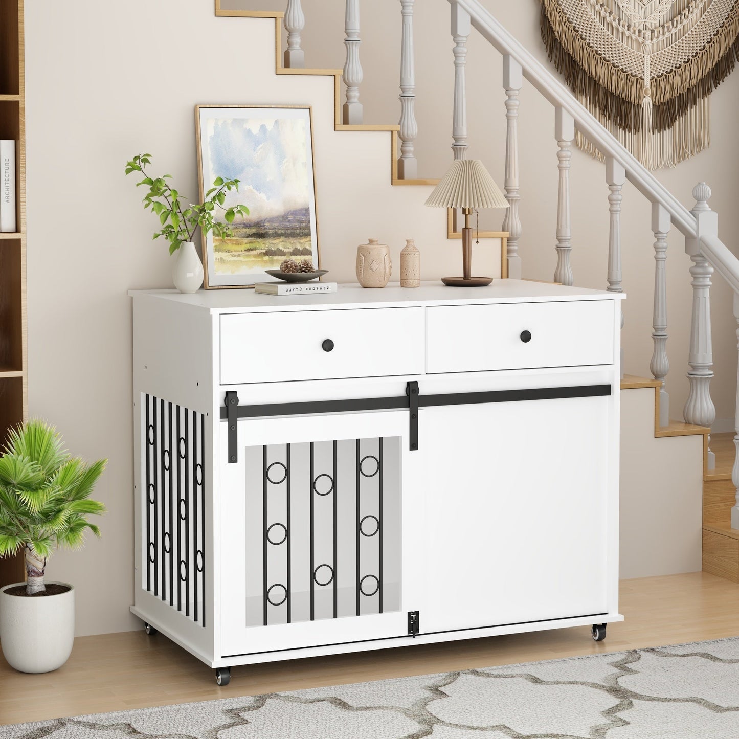 Modern Wooden Dog Crate Furniture with Sliding Barn Door – MDF Indoor