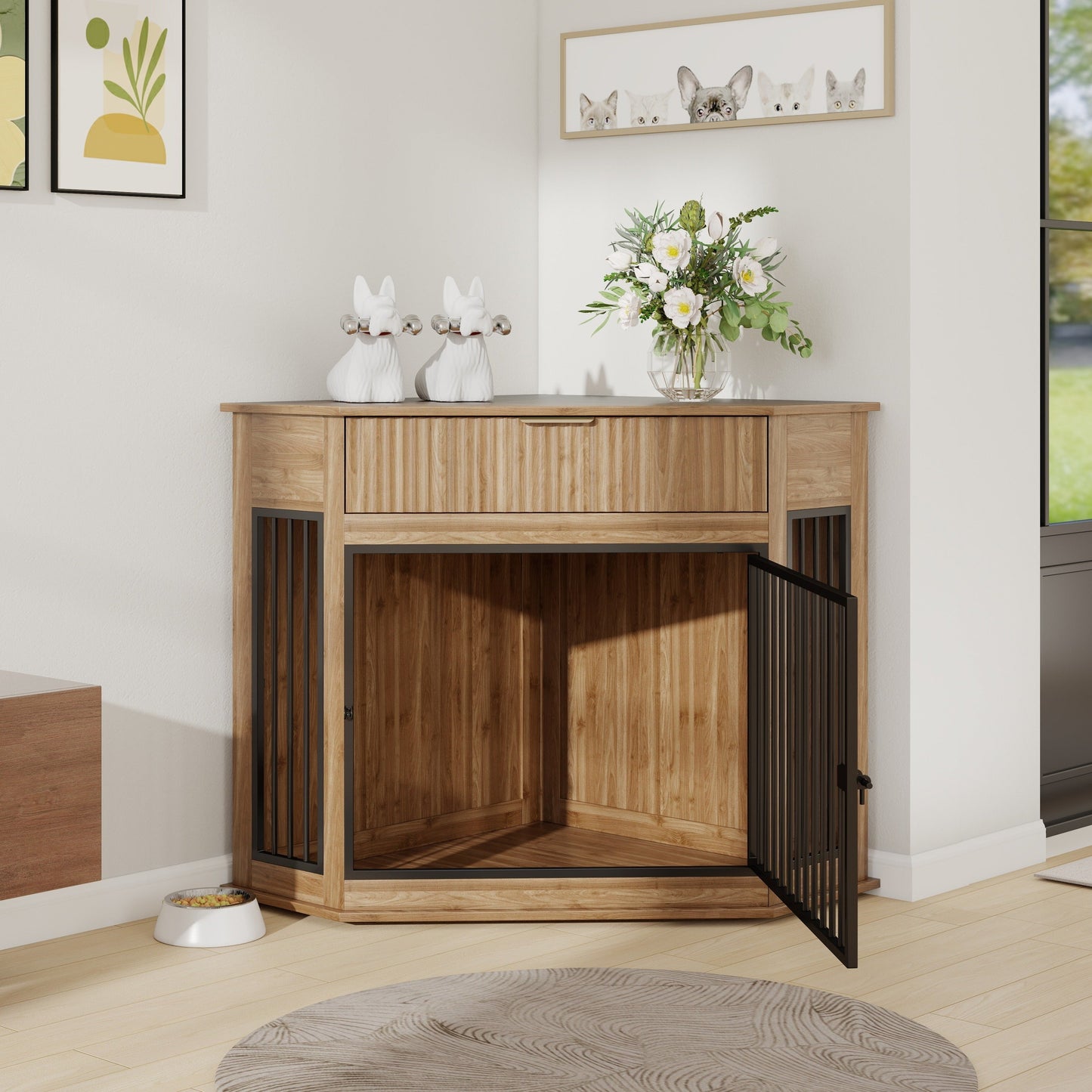 44.6" Corner Dog Crate Furniture with Fluted Drawer – MDF Wooden Dog