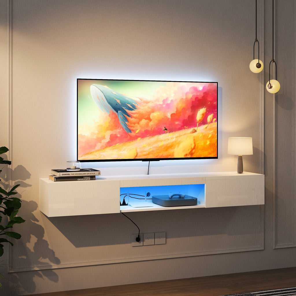 LumiWall™ – Floating TV Wall Shelf with 16-Color LED Lights for 55–65"