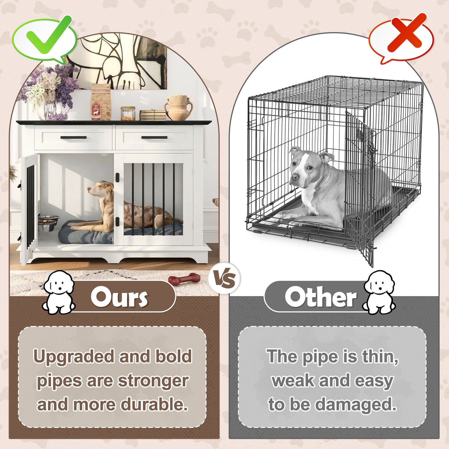 44.48" Wooden Dog Crate Furniture with Storage Drawers and Rotating