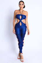 Glittery Cutout Halter Neck Keyhole Sexy Party Jumpsuit BLUE/FUCHSIA