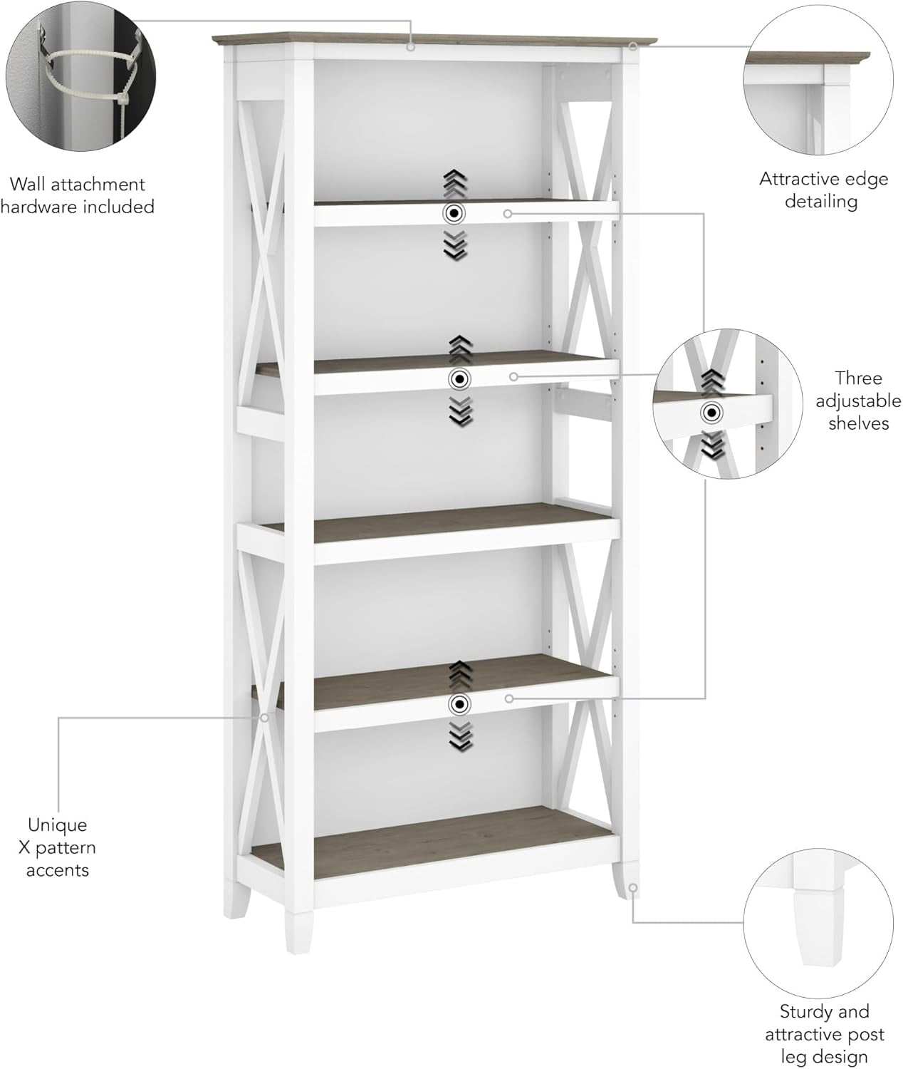 Bush Furniture Key West 66 Inch Bookcase Shiplap Gray White