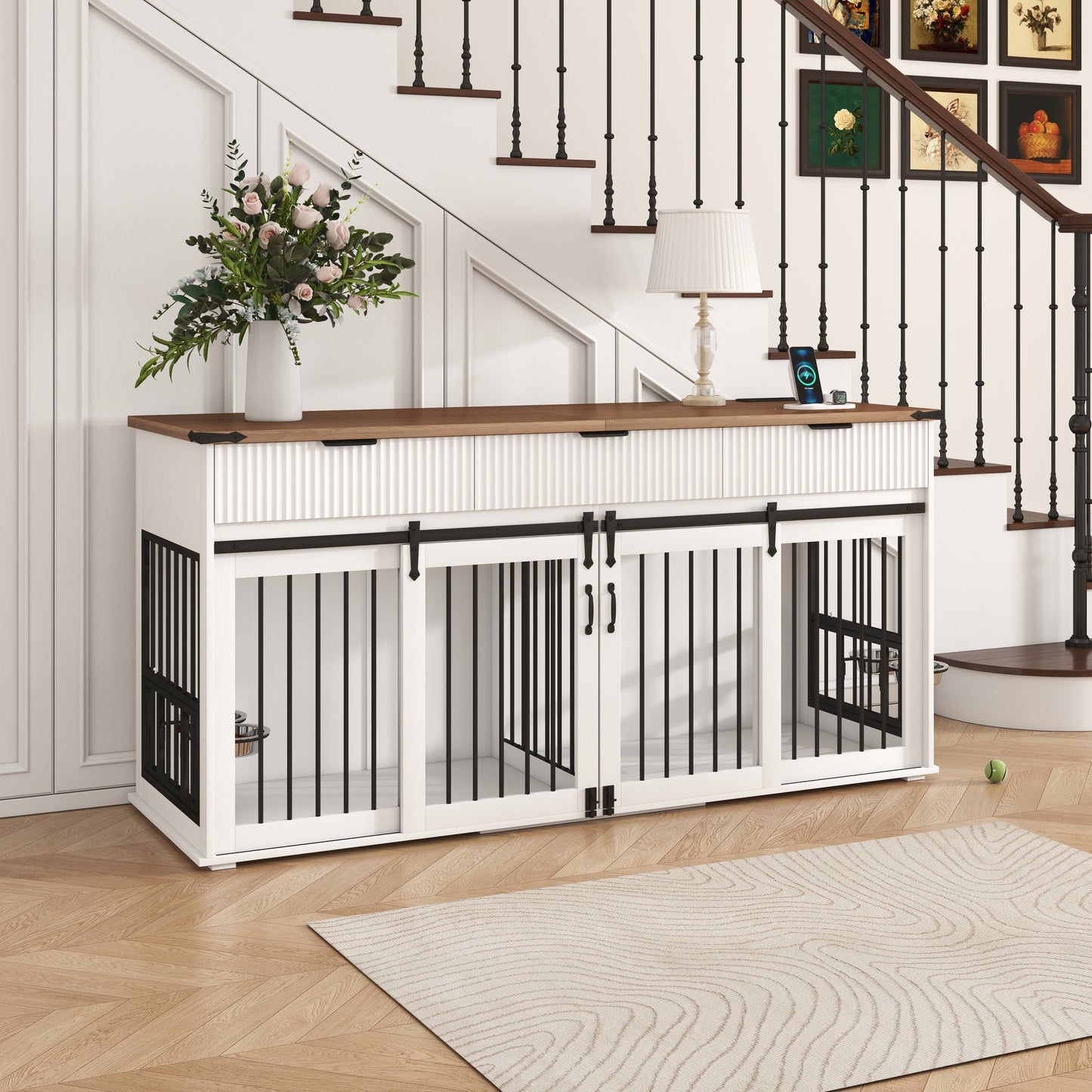 71" Double Dog Crate Furniture with Fluted Drawers – Large Wooden Dog