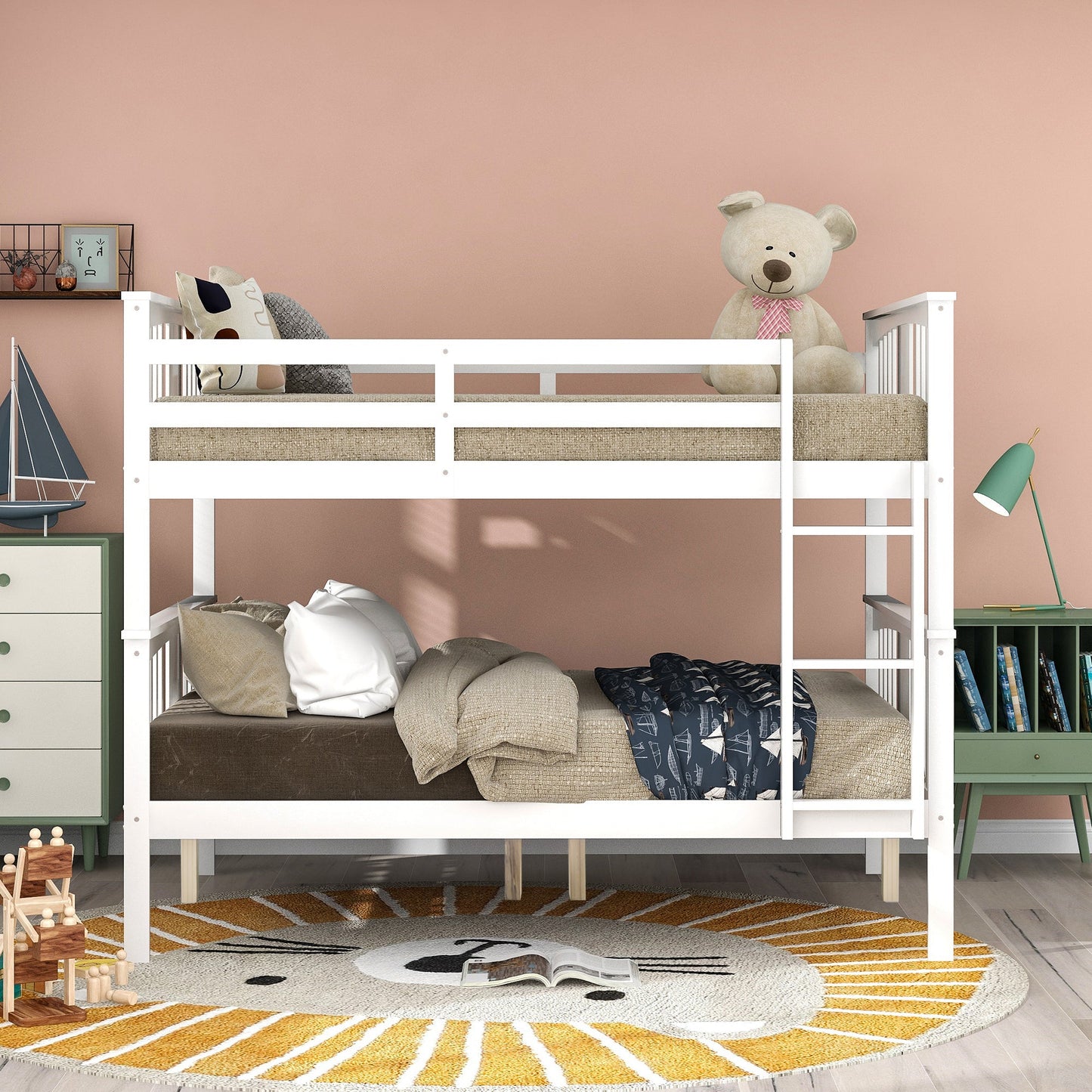 Full over Full Bunk Bed with Ladder for Bedroom, Guest Room Furniture