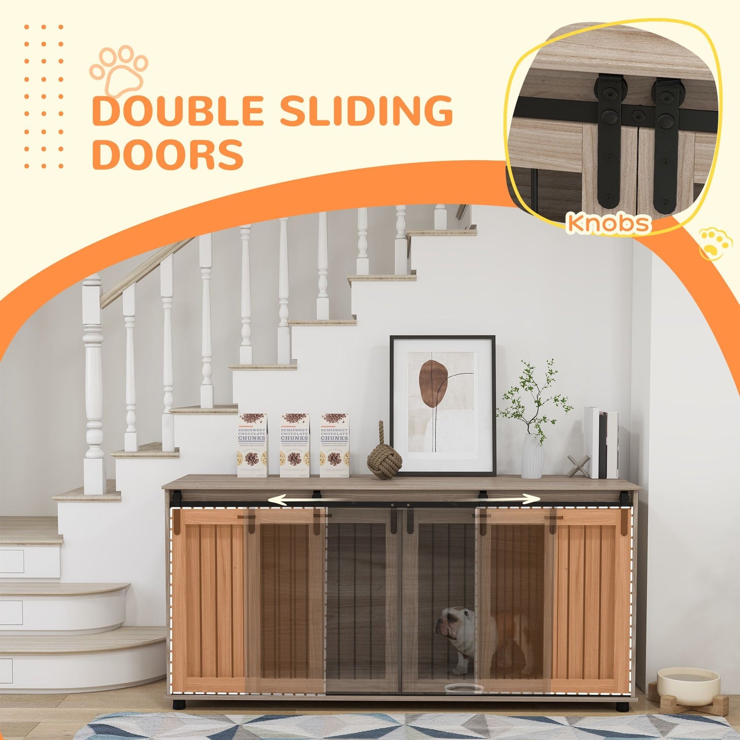 71" Modern Dog Kennel Furniture with Removable Divider, Storage for 2