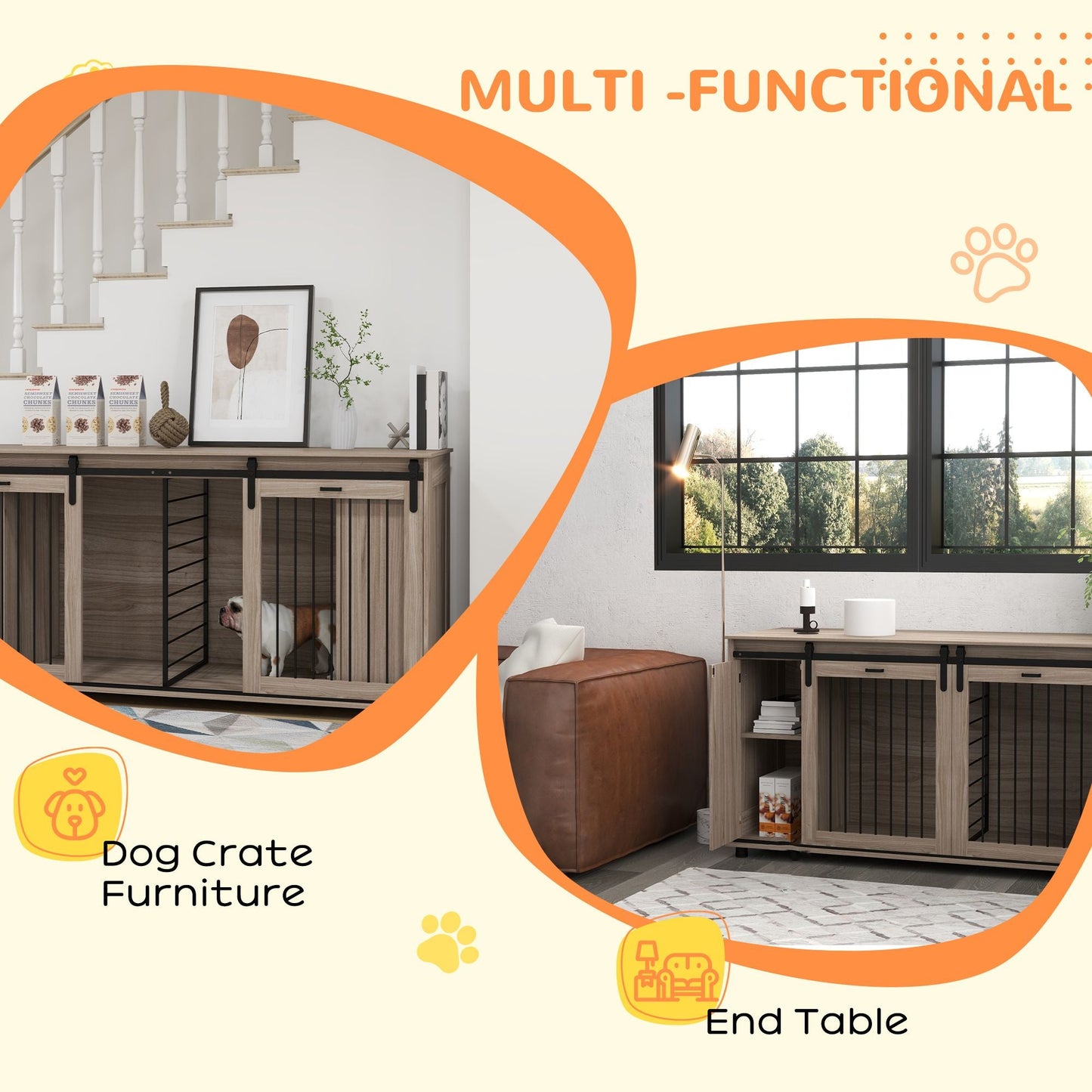 71" Modern Dog Kennel Furniture with Removable Divider, Storage for 2