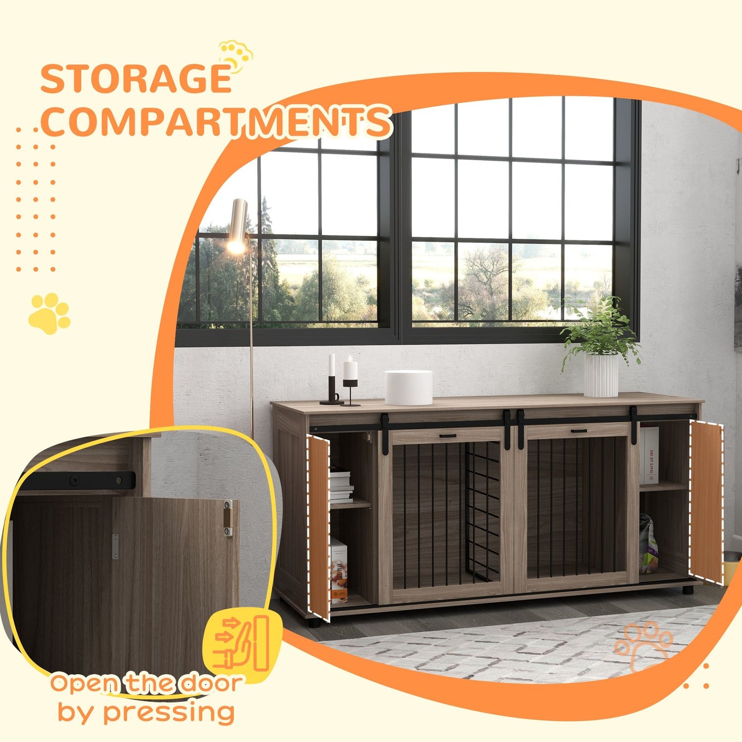 71" Modern Dog Kennel Furniture with Removable Divider, Storage for 2