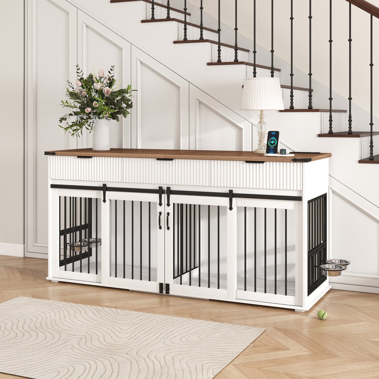 71" Double Dog Crate Furniture with Fluted Drawers – Large Wooden Dog