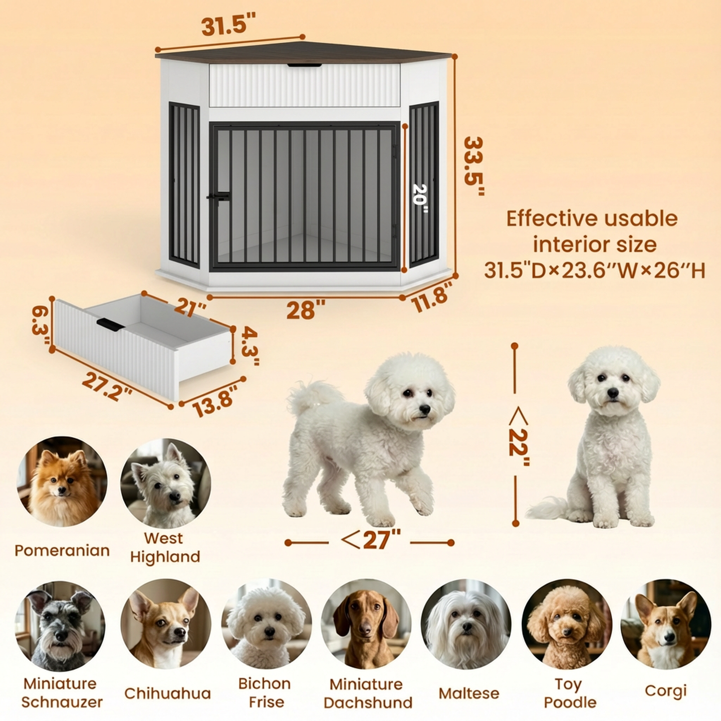 44.6" Corner Dog Crate Furniture with Fluted Drawer – MDF Wooden Dog