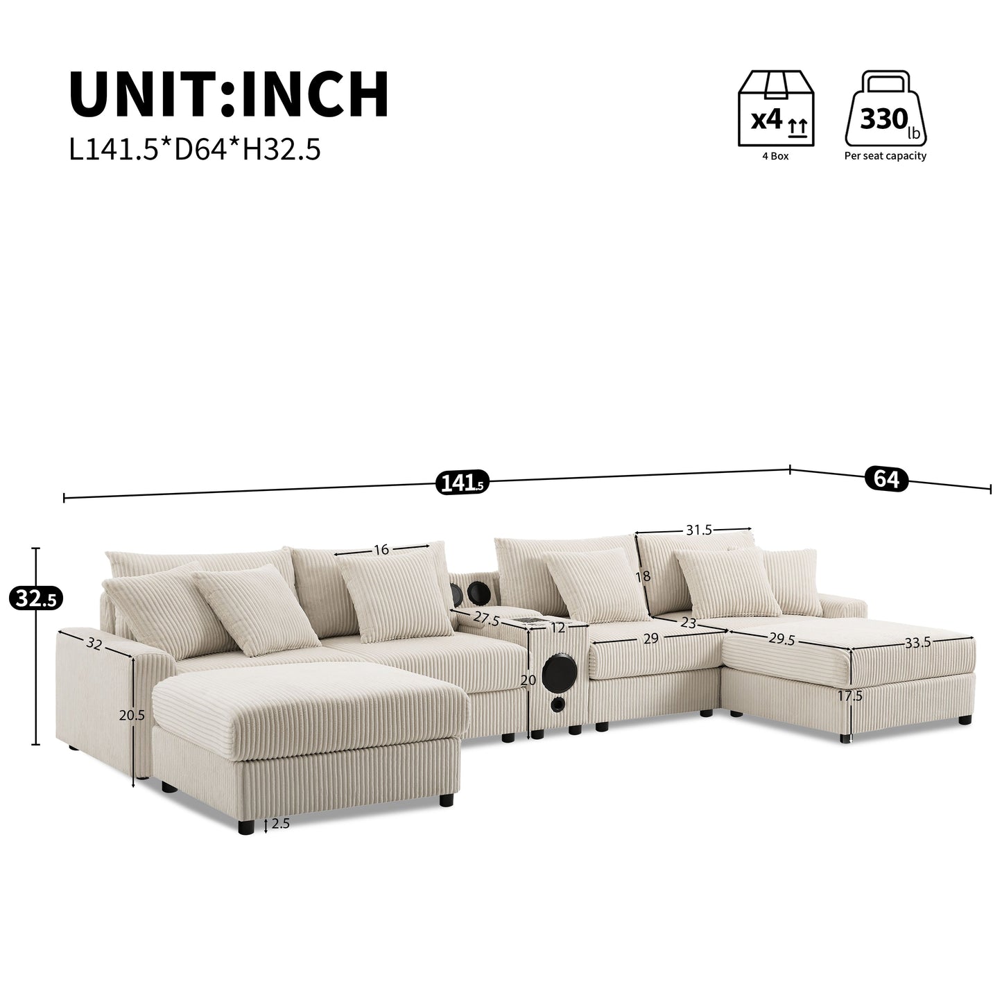 [VIDEO]141.5*64'' Corduroy Sectional Sofa with Bluetooth Speakers,