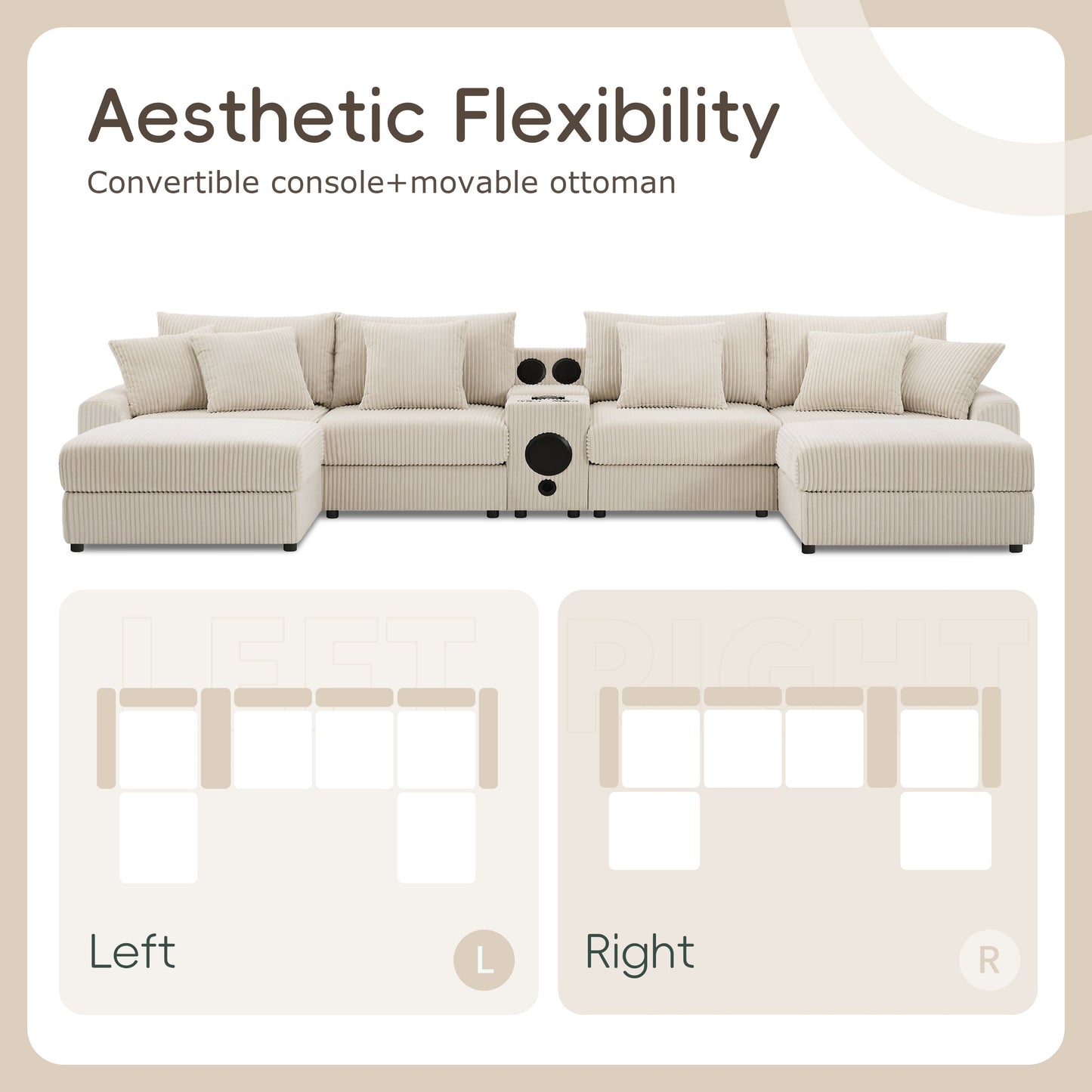 [VIDEO]141.5*64'' Corduroy Sectional Sofa with Bluetooth Speakers,