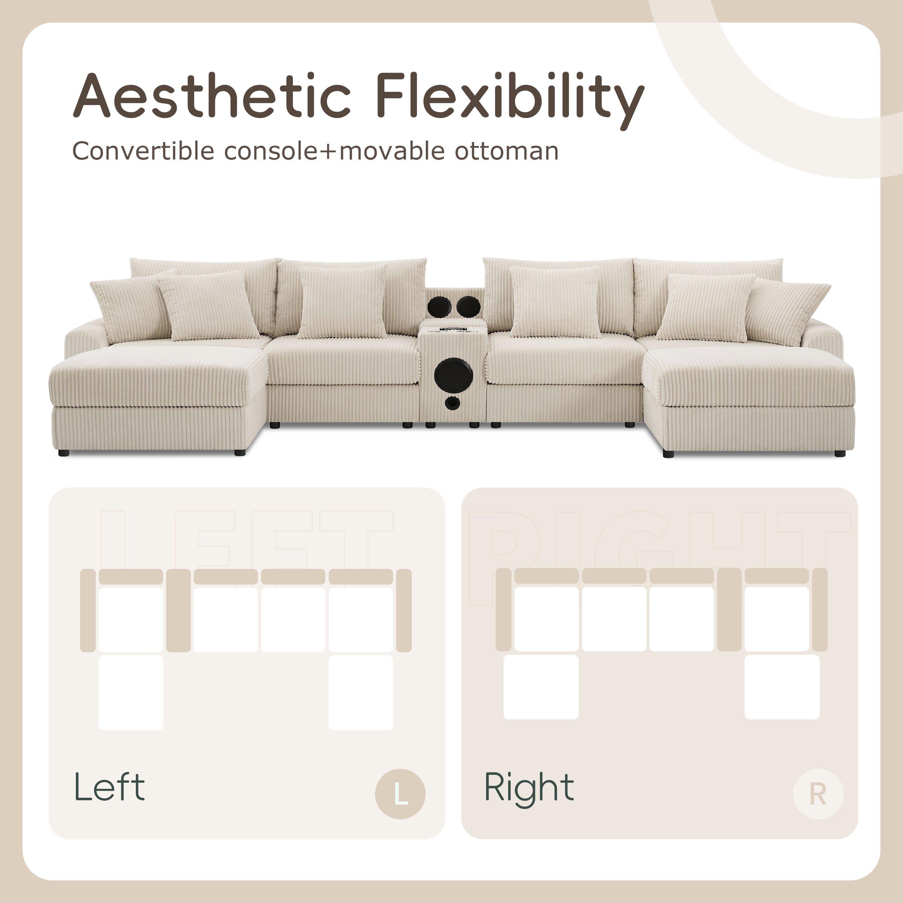 [VIDEO]141.5*64'' Corduroy Sectional Sofa with Bluetooth Speakers,