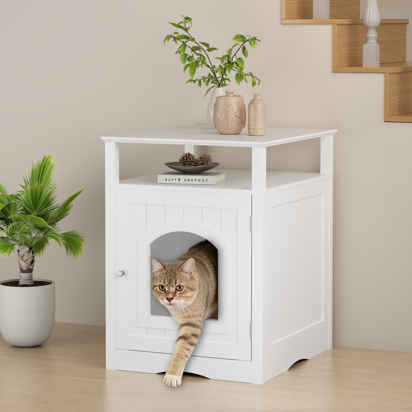 Modern Cat Litter Box Enclosure Furniture – White Wooden Hidden Cat