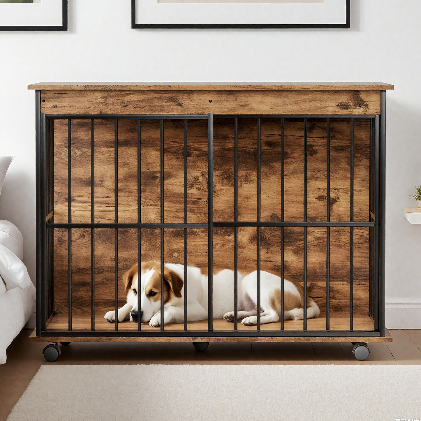 Large Wooden Dog Crate Furniture with Tray , Indoor Pet Kennel Side