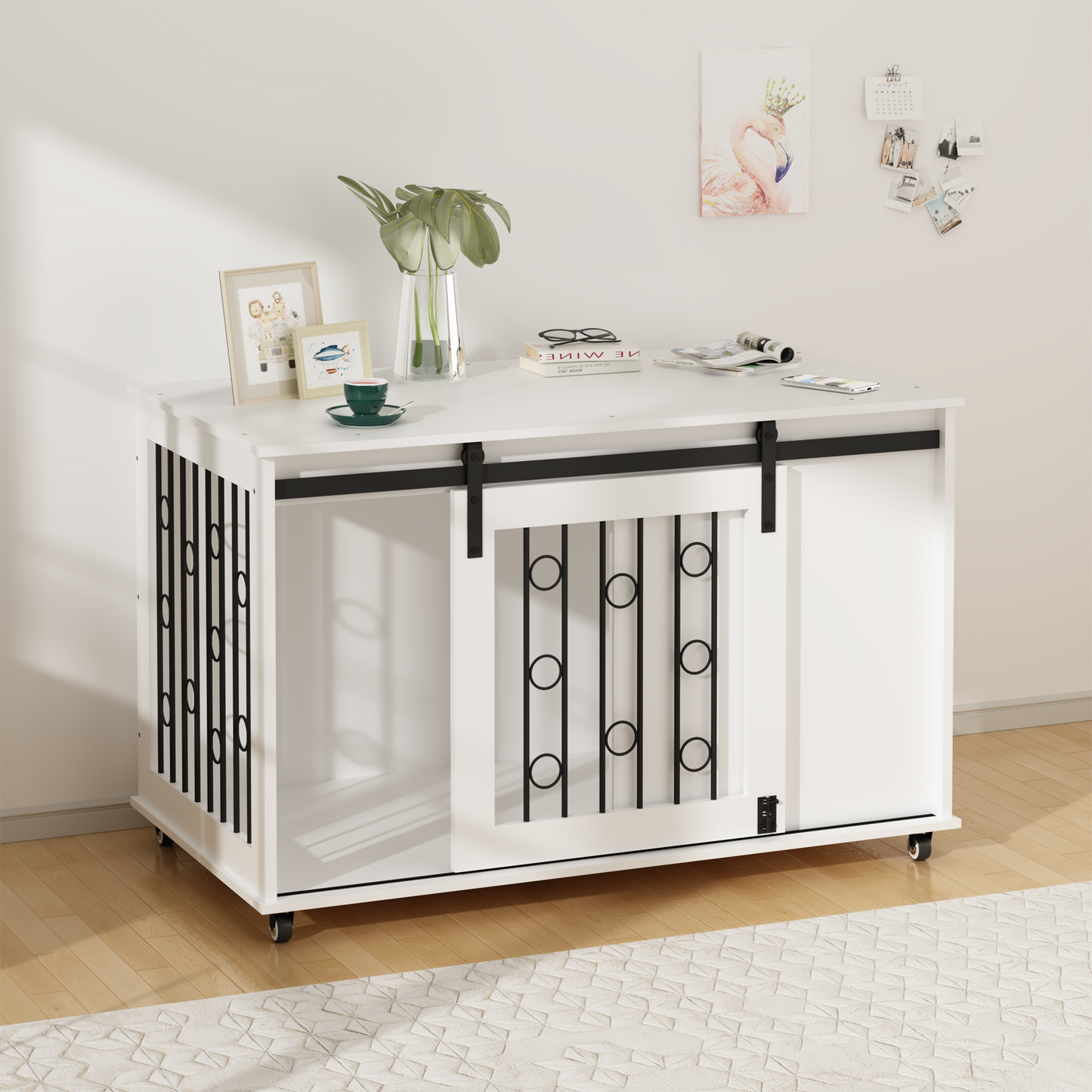 Modern Wooden Dog Crate Furniture with Sliding Barn Door – MDF Indoor