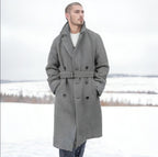 Fall Winter Men Mid-length Woolen Plaid Double Breasted Cotton Padded