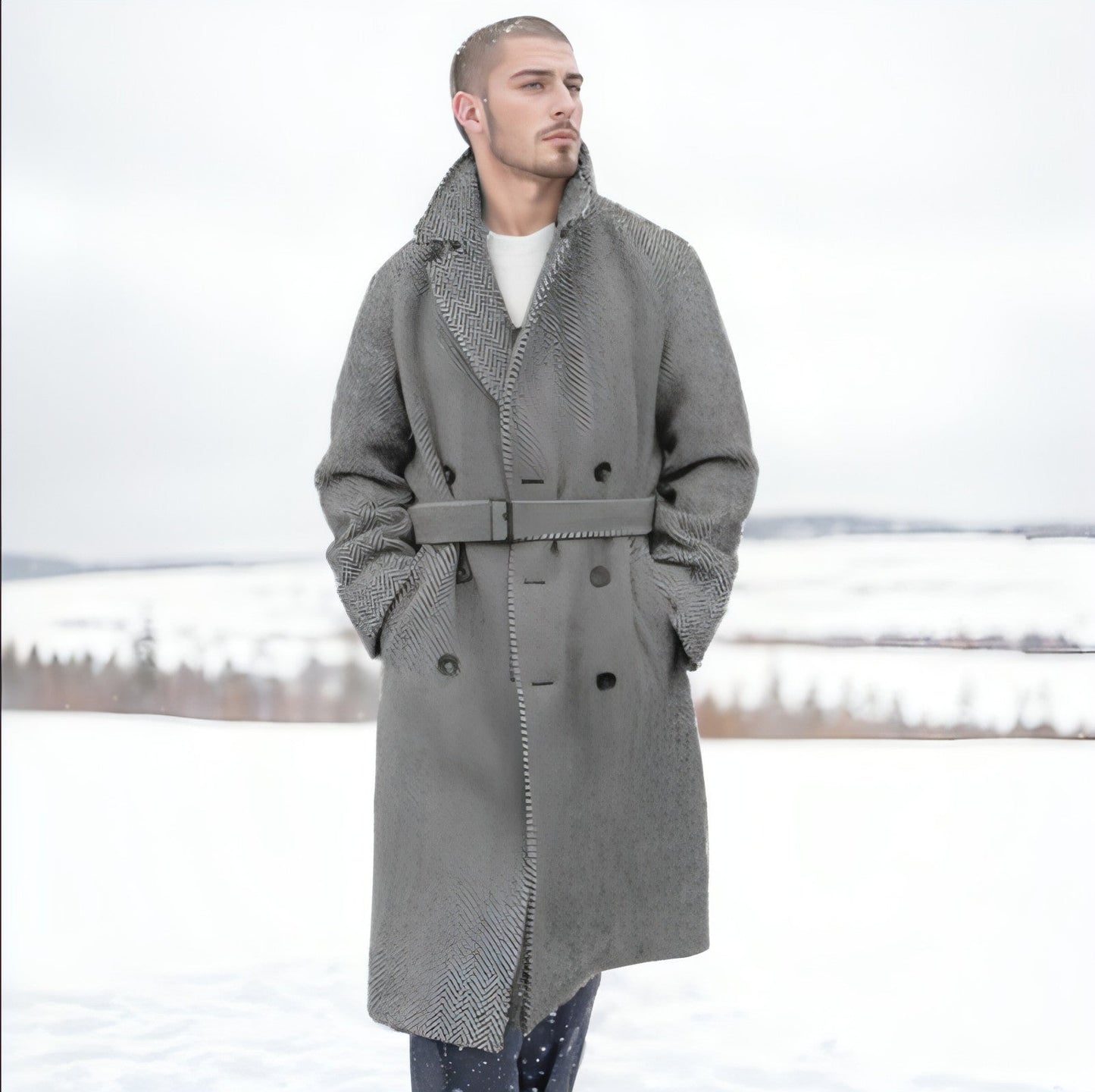 Fall Winter Men Mid-length Woolen Plaid Double Breasted Cotton Padded