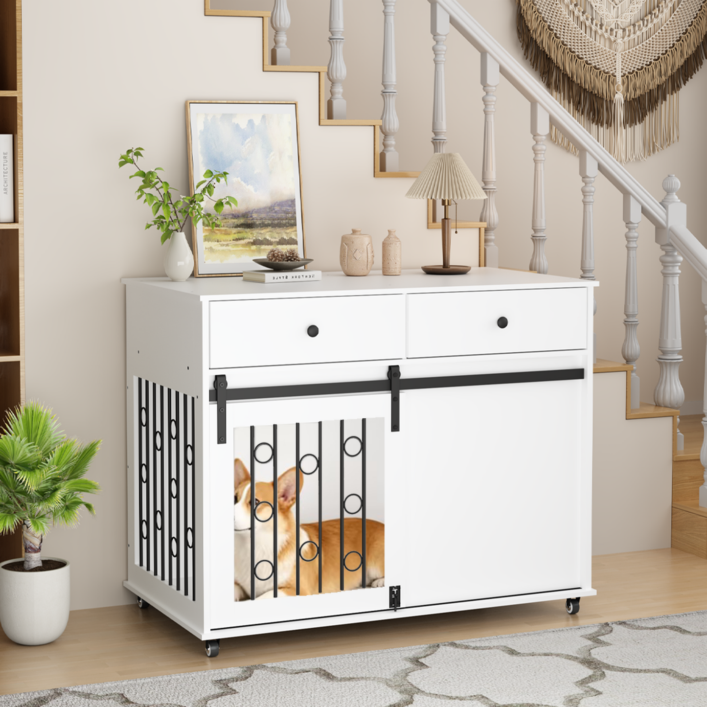Modern Wooden Dog Crate Furniture with Sliding Barn Door – MDF Indoor