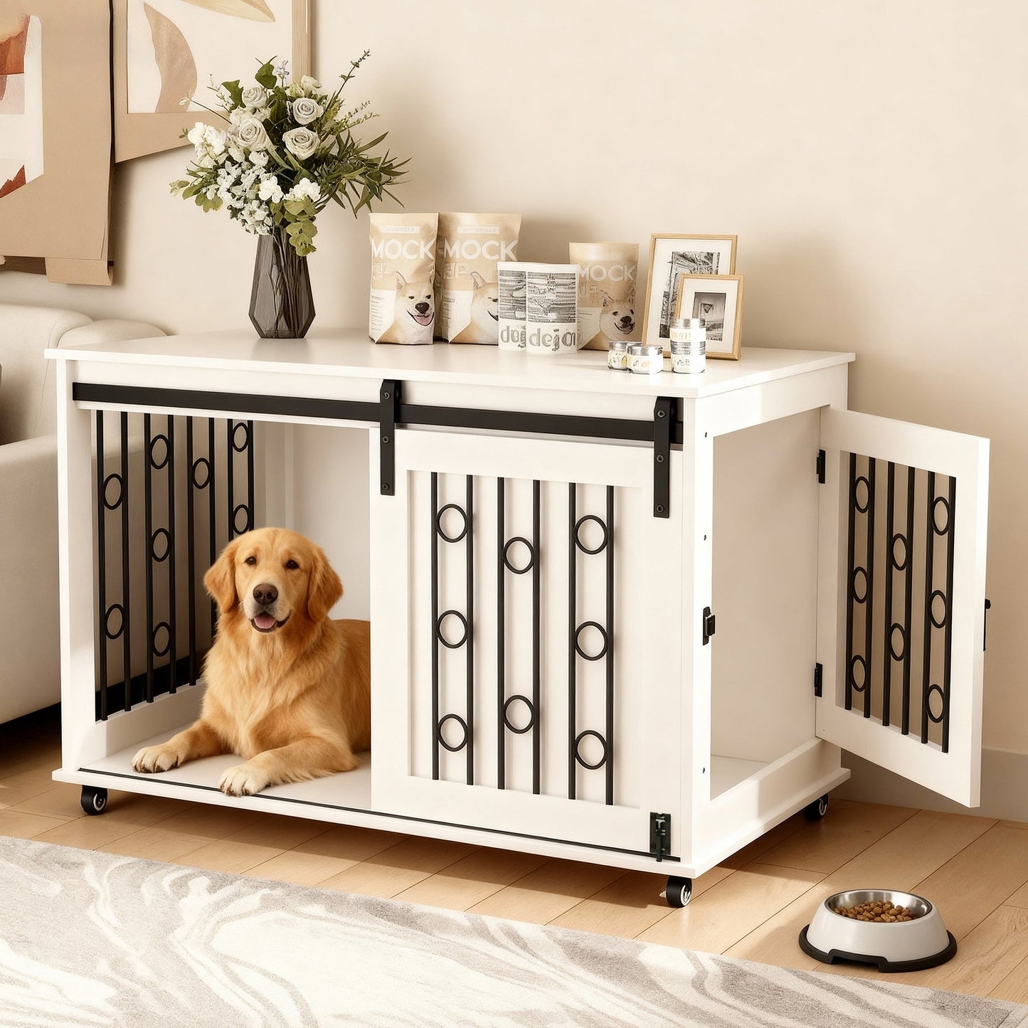 Modern Wooden Dog Crate Furniture with Sliding Barn Door – MDF Indoor