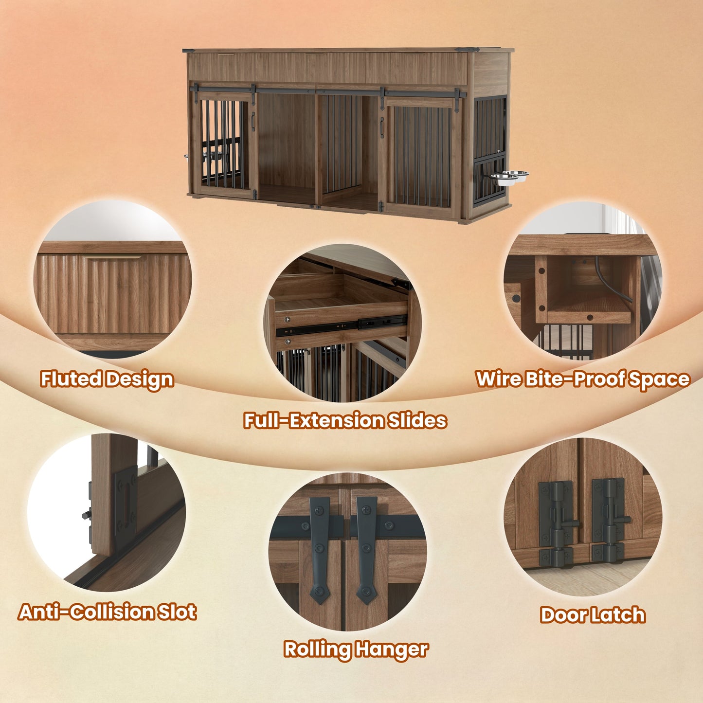 71" Double Dog Crate Furniture with Fluted Drawers – Large Wooden Dog