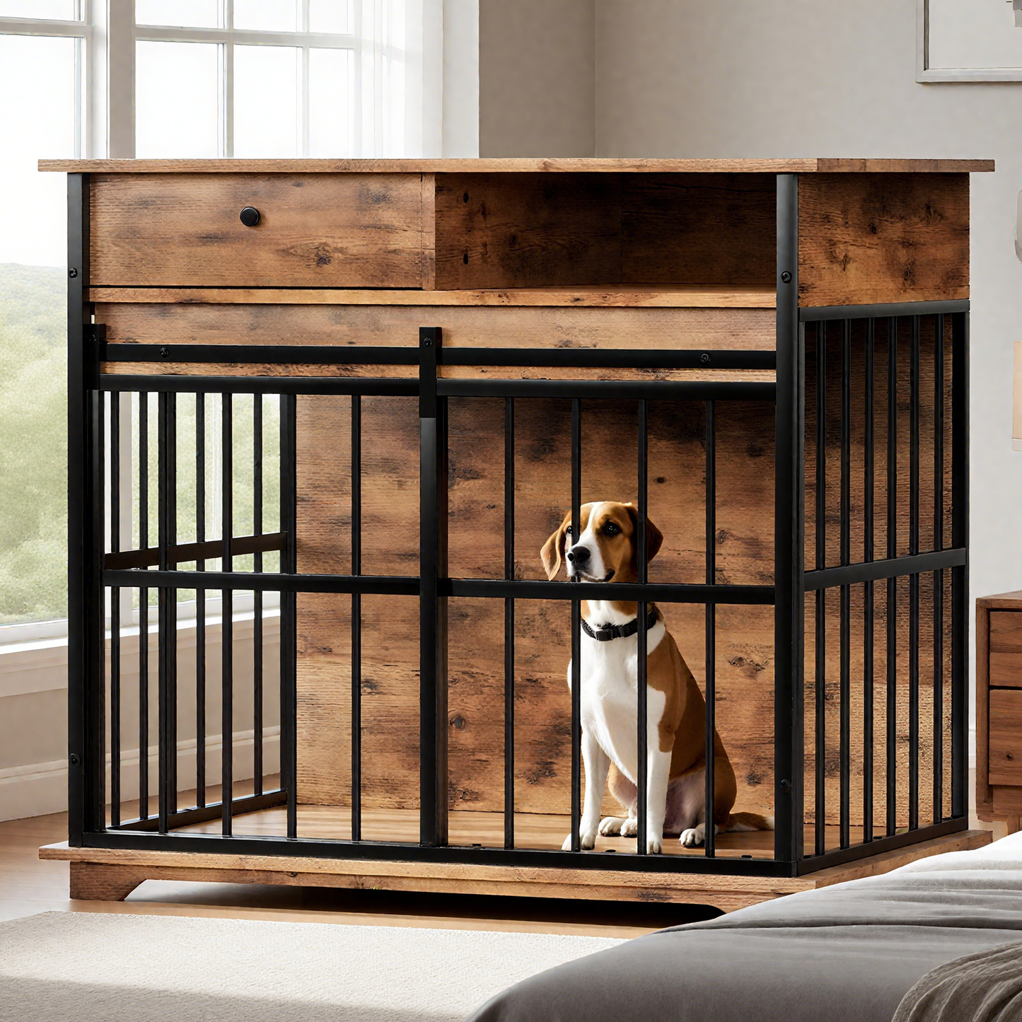 Modern Wooden Dog Crate Furniture with Tray, Large Indoor Pet Kennel