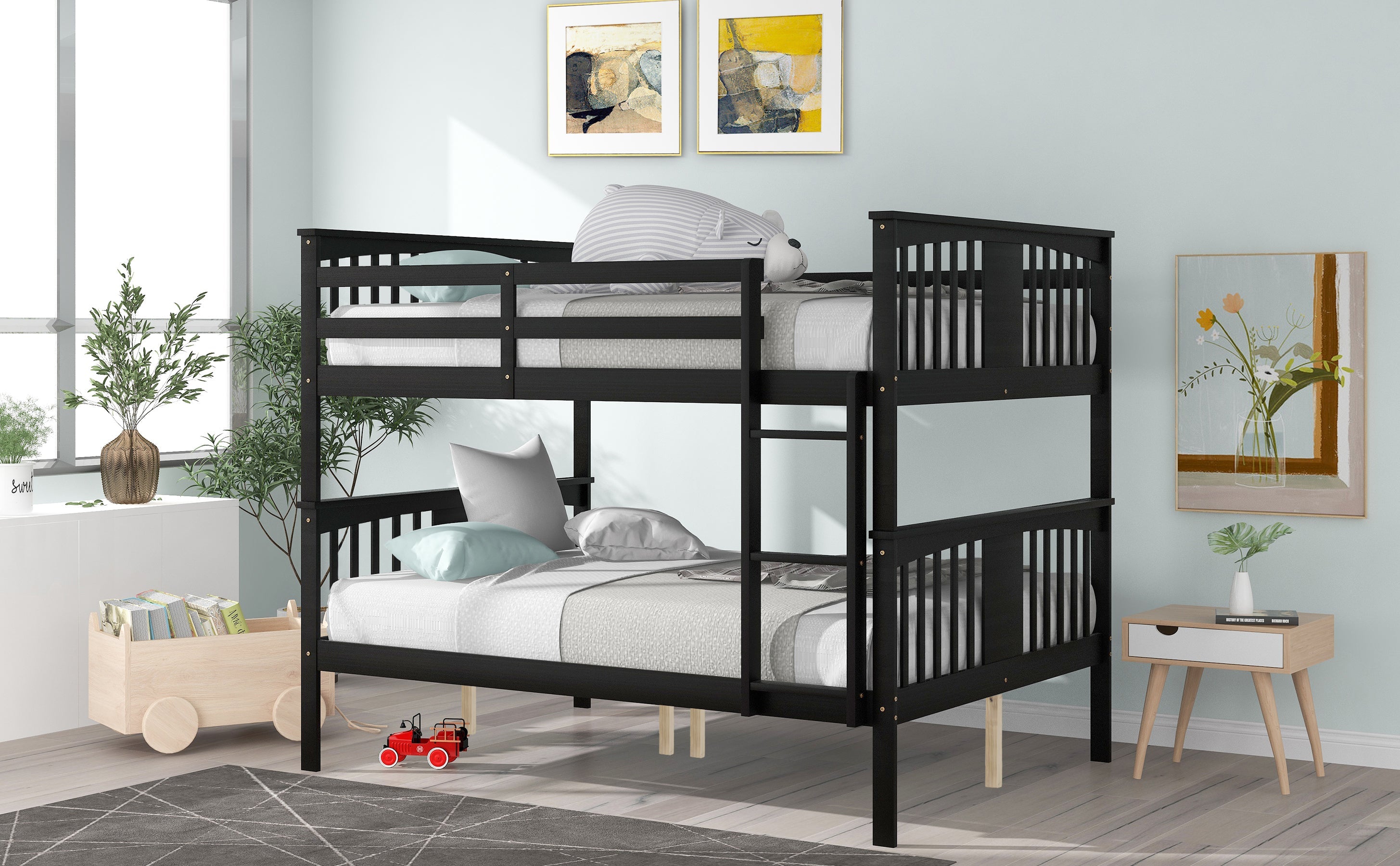 Full over Full Bunk Bed with Ladder for Bedroom, Guest Room Furniture