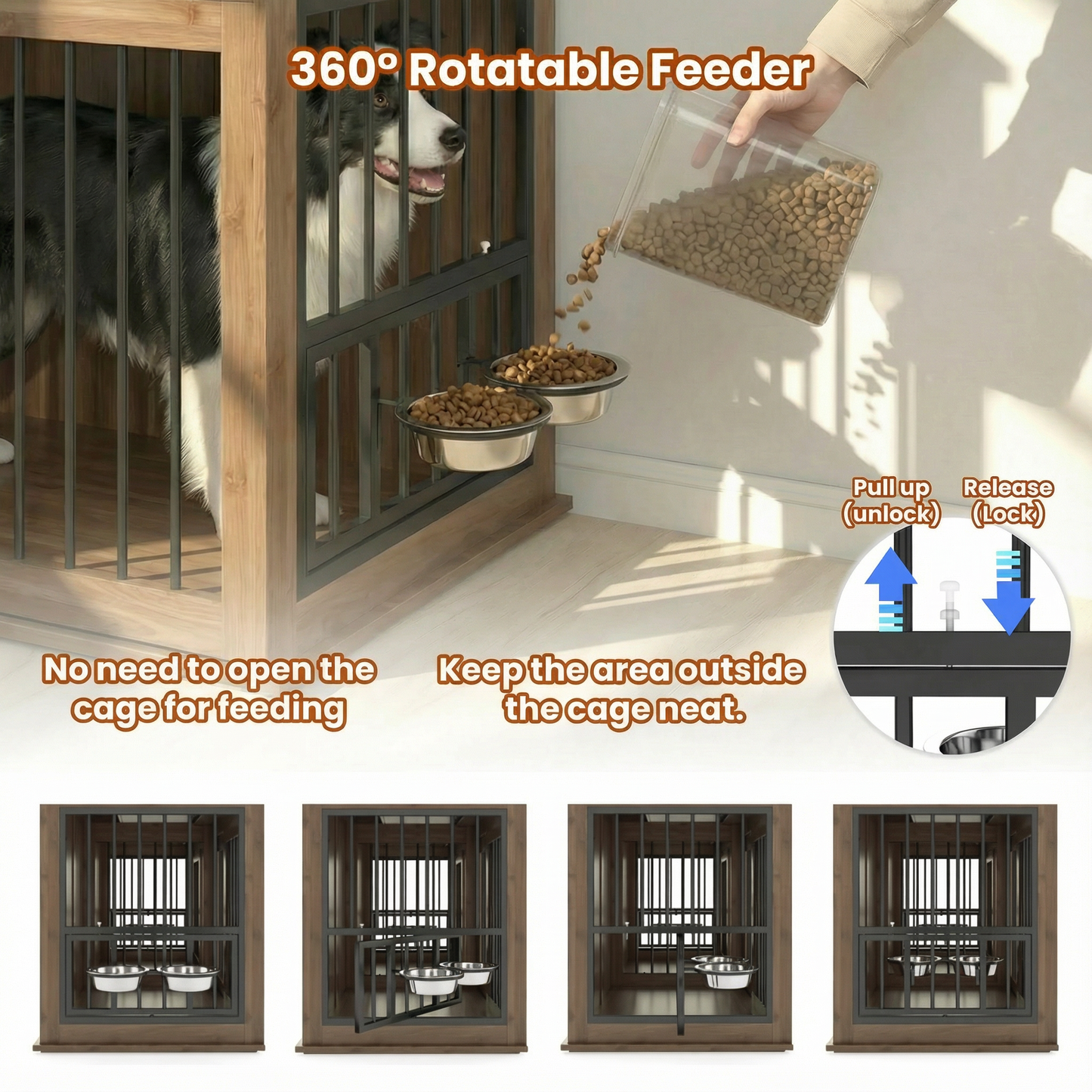 71" Double Dog Crate Furniture with Fluted Drawers – Large Wooden Dog