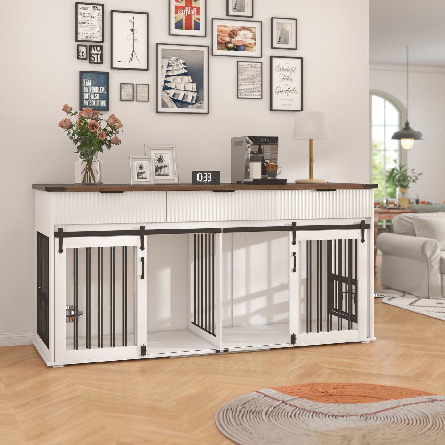 71" Double Dog Crate Furniture with Fluted Drawers – Large Wooden Dog