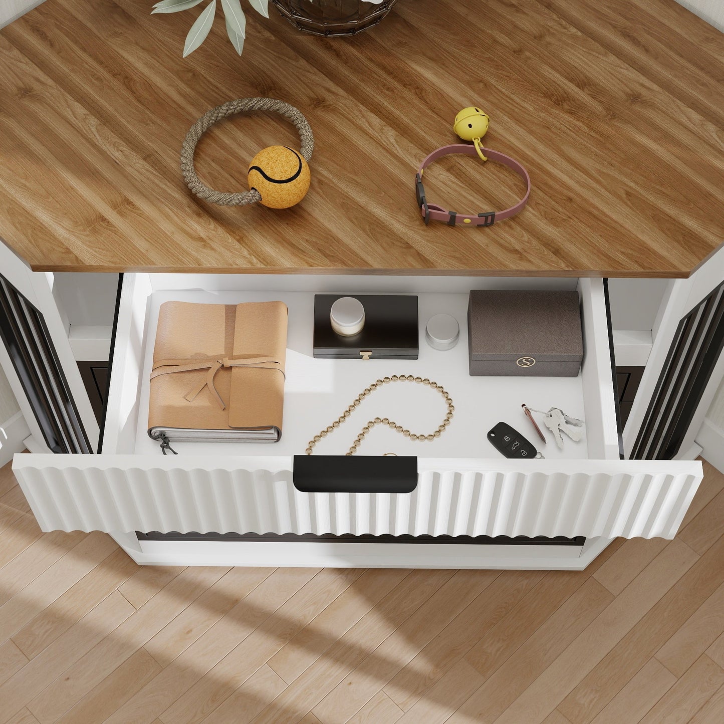 44.6" Corner Dog Crate Furniture with Fluted Drawer – MDF Wooden Dog