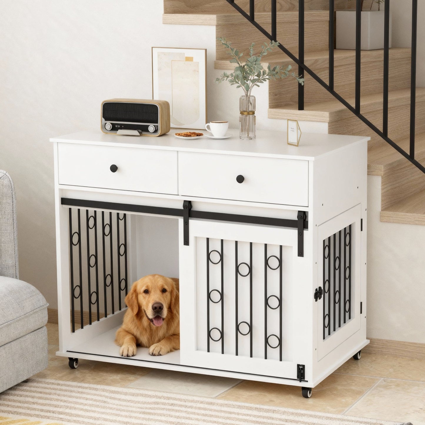 Modern Wooden Dog Crate Furniture with Sliding Barn Door – MDF Indoor