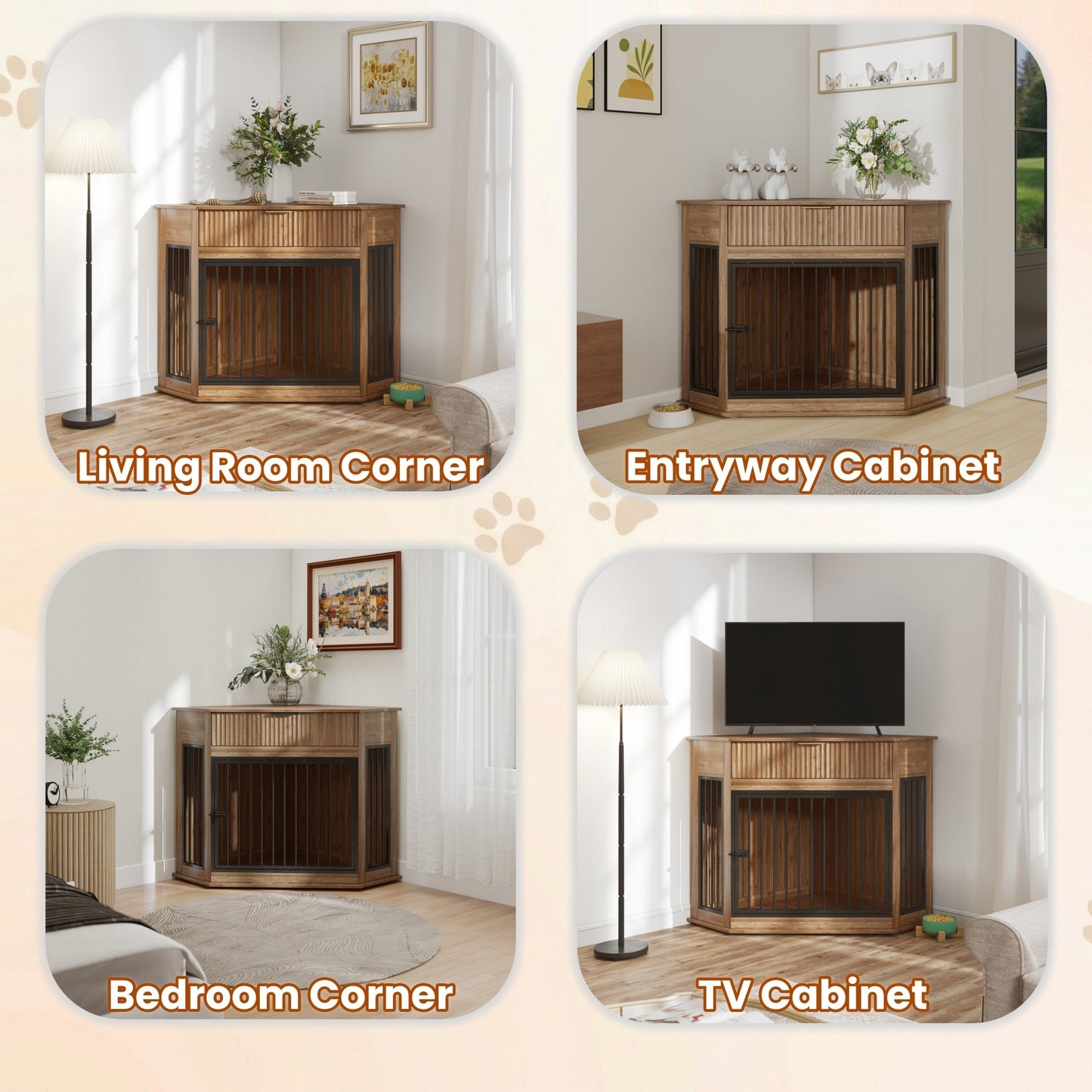 44.6" Corner Dog Crate Furniture with Fluted Drawer – MDF Wooden Dog