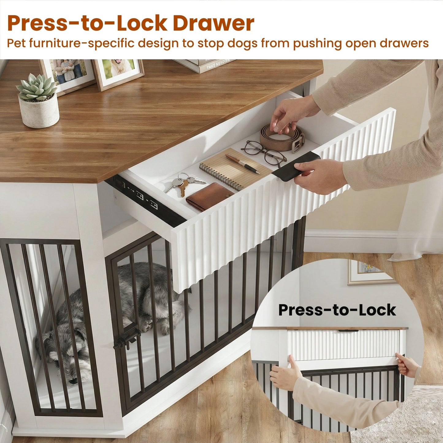 44.6" Corner Dog Crate Furniture with Fluted Drawer – MDF Wooden Dog