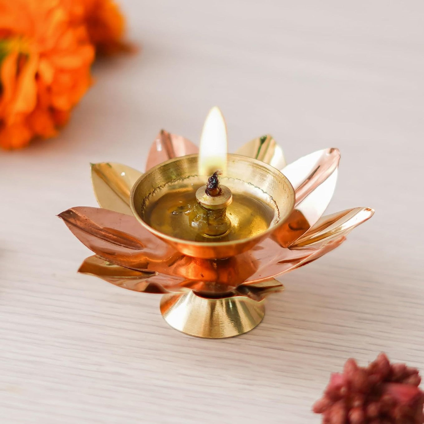 Golden Lotus Brass Diya for Home Pooja