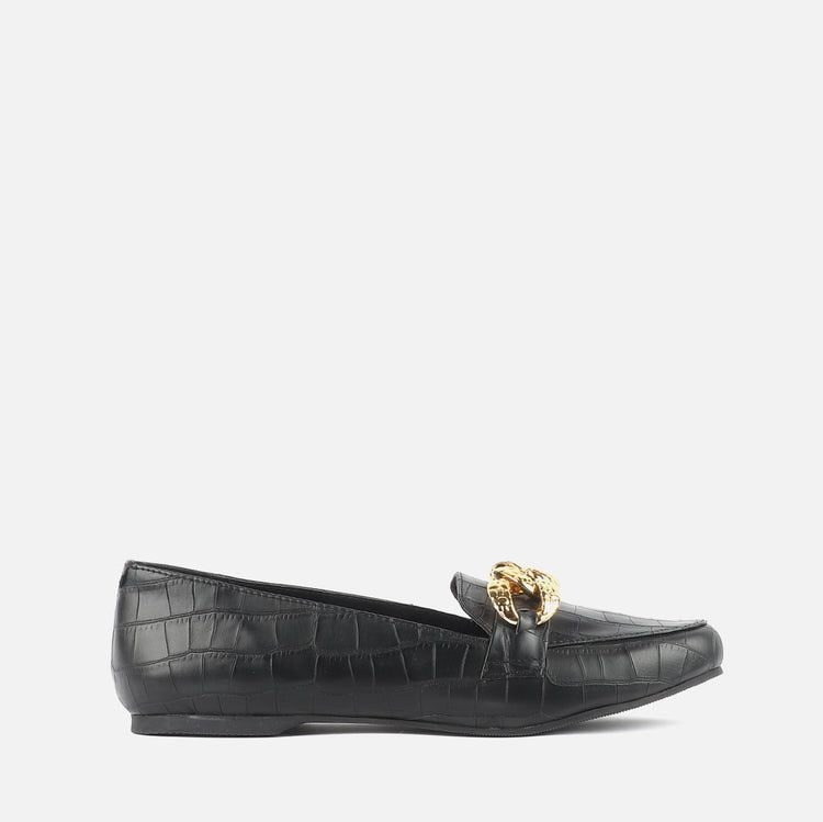 Women Gold Buckle Loafer Shoes (Size-6) (Color-BLACK)