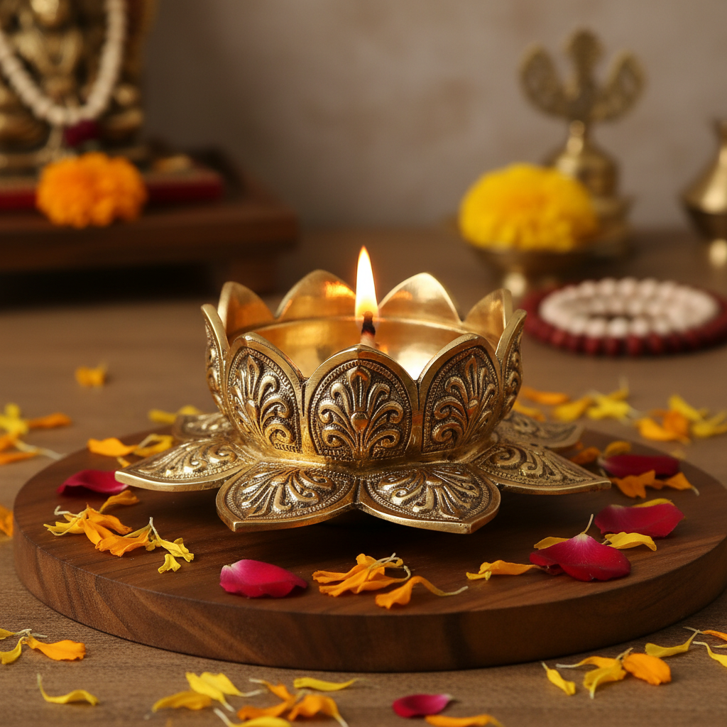 Golden Lotus Brass Diya for Home Pooja