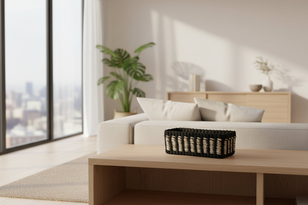 Seagrass Storage Woven Tray | Black + White band