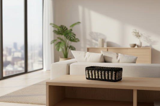 Seagrass Storage Woven Tray | Black + White band