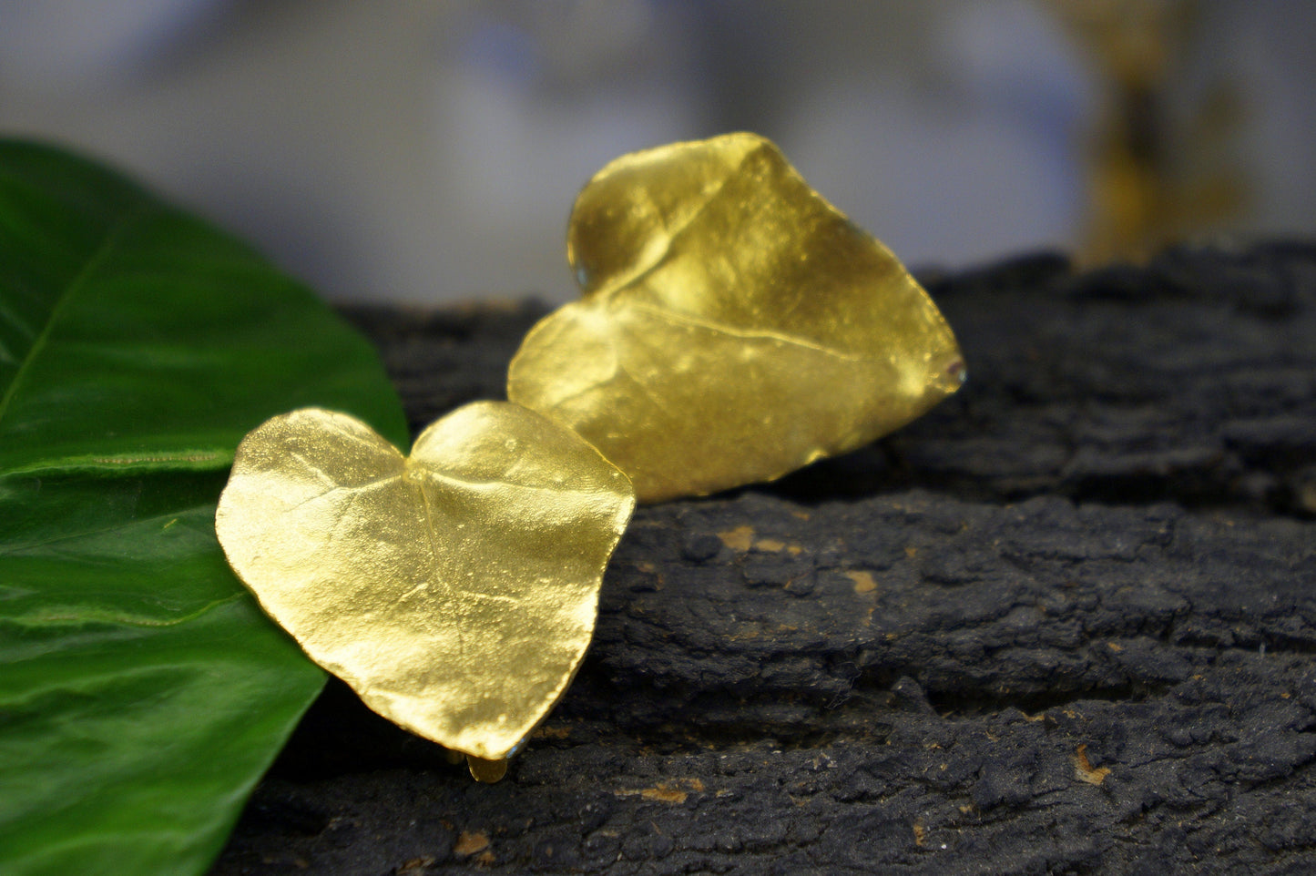 Ivy Leaf Earrings: Heart Shape Botanical Jewelry (Gold Plated Silver)