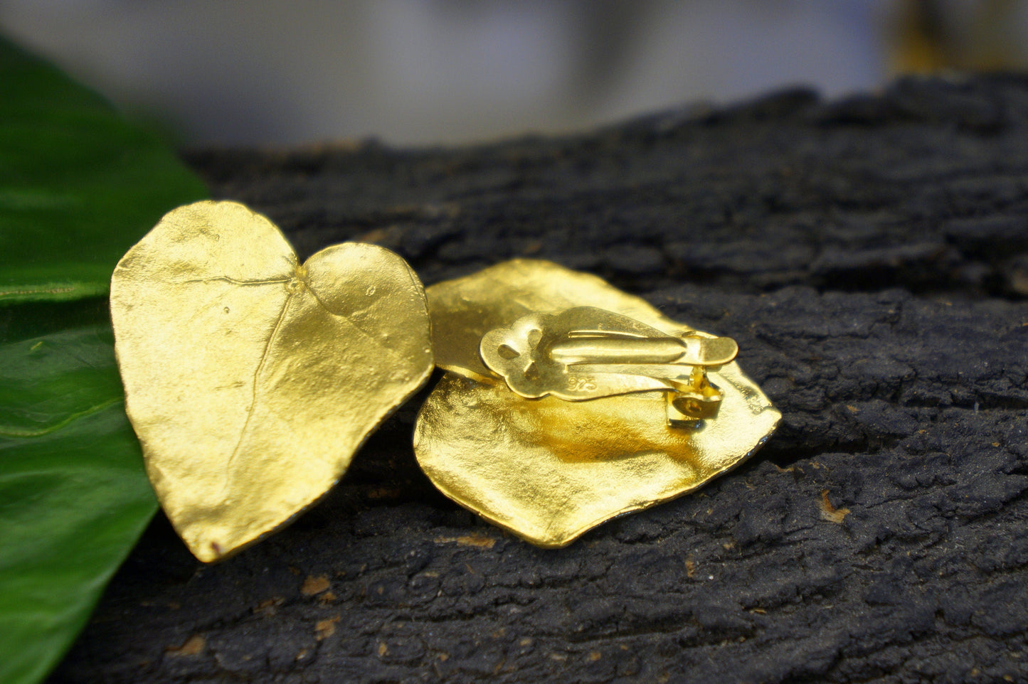 Ivy Leaf Earrings: Heart Shape Botanical Jewelry (Gold Plated Silver)