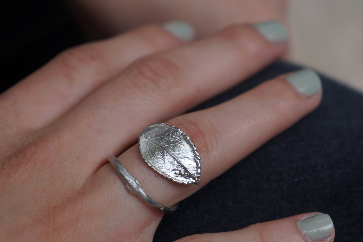 Leaf and Twig Ring: Botanical Jewelry (Sterling Silver, Adjustable)