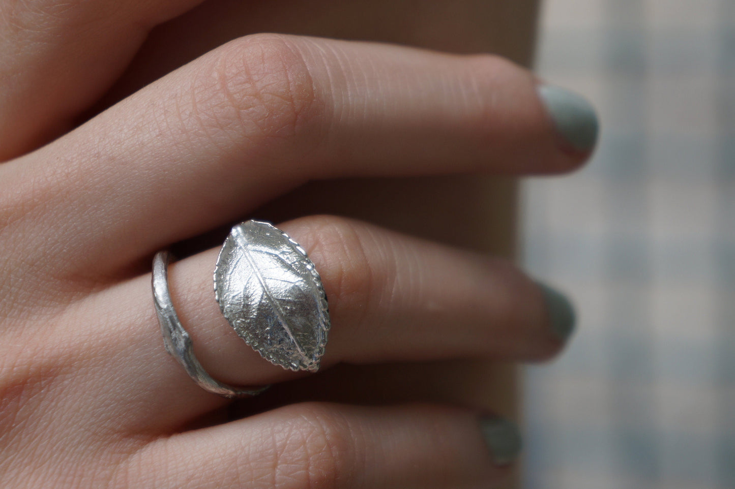 Leaf and Twig Ring: Botanical Jewelry (Sterling Silver, Adjustable)