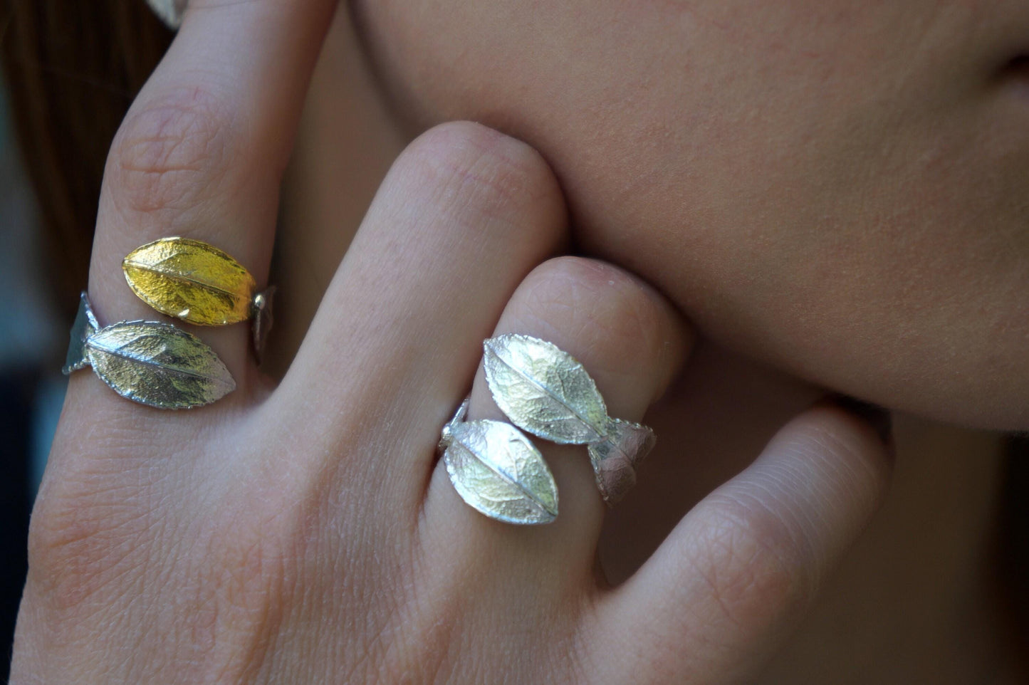 Real Rose Leaf Ring: Handmade Nature Jewelry in Gold-Plated Brass