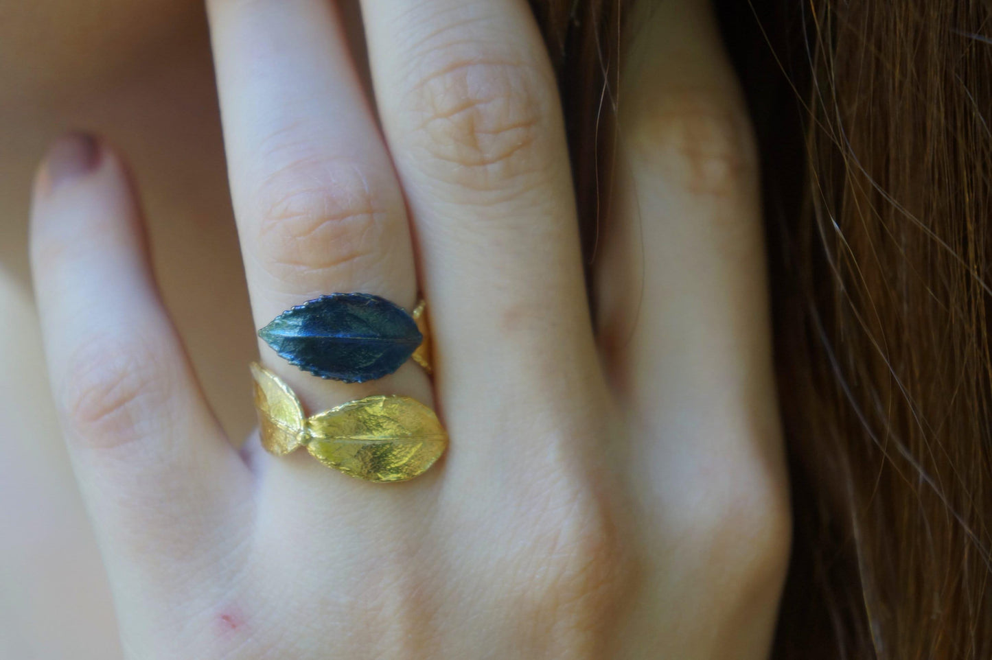 Real Rose Leaf Ring: Handmade Nature Jewelry in Gold-Plated Brass