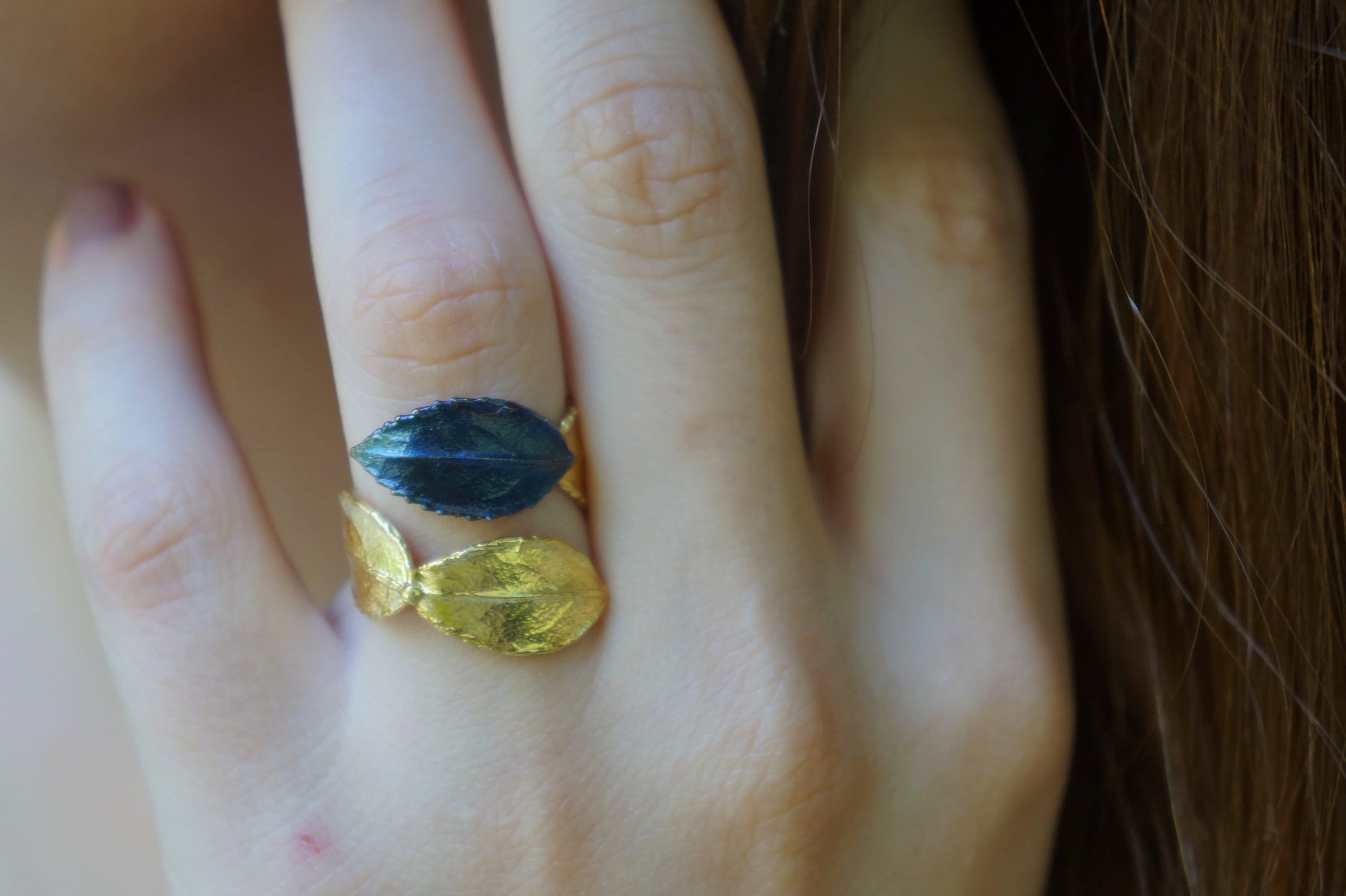 Real Rose Leaf Ring: Handmade Nature Jewelry in Gold-Plated Brass