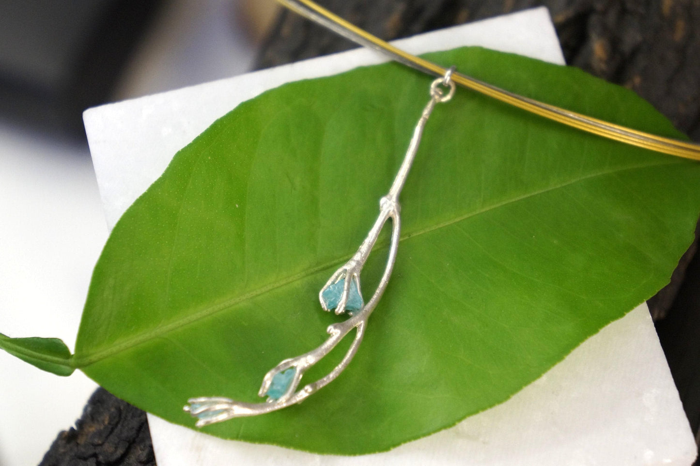 Jasmine Twig Necklace: Floral Nature Jewelry (Sky Blue Raw Murano)