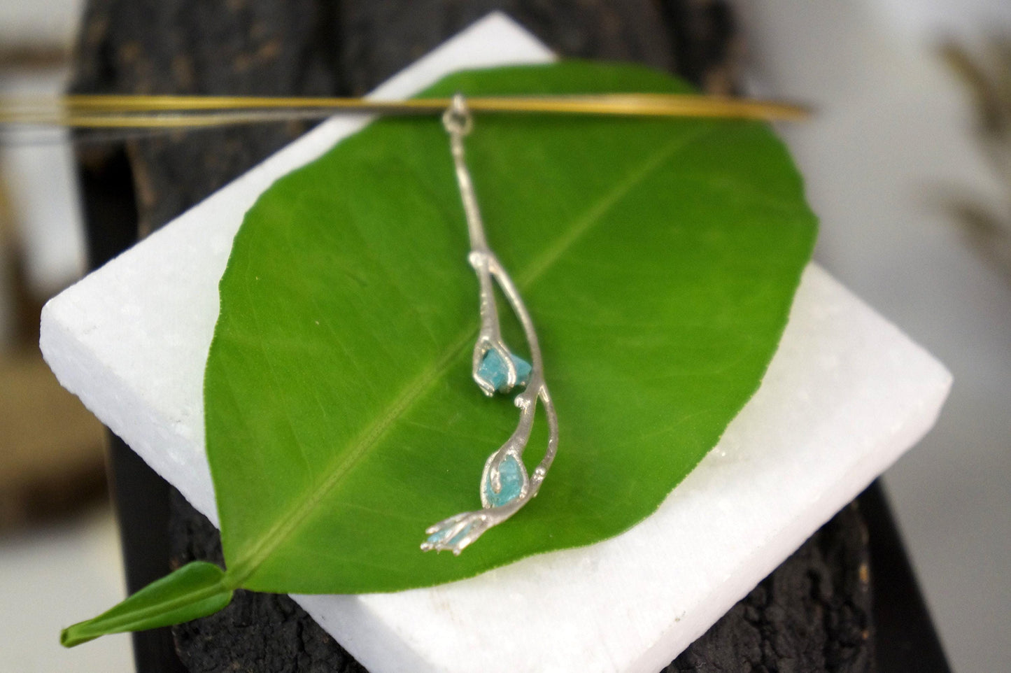 Jasmine Twig Necklace: Floral Nature Jewelry (Sky Blue Raw Murano)